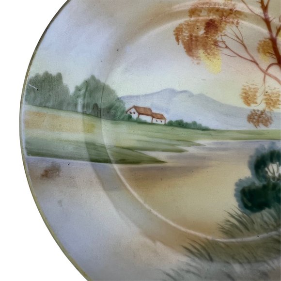 Handpainted Nippon Bread Plate Farm Scene Mountains "M" Backstamp 6.5" Porcelain - Picture 4 of 6